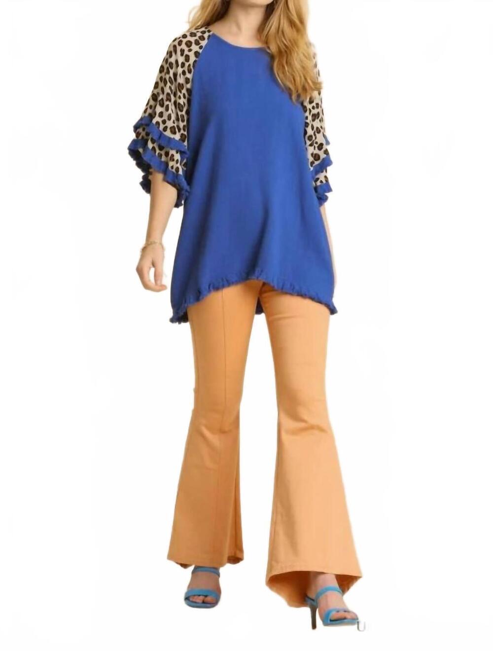NEW UMGEE tatum animal print layered bell sleeve top in sapphire